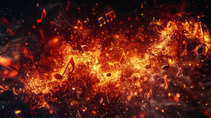 Vibrant red and orange musical notes burst forth in a dynamic explosion, swirling against a dark backdrop, exuding energy and creative turmoil in a mesmerizing visual spectacle.