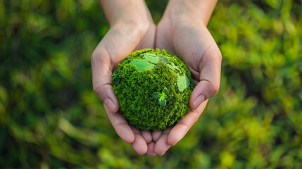 Hands presenting a moss-covered globe with small plants, centric to environmental consciousness