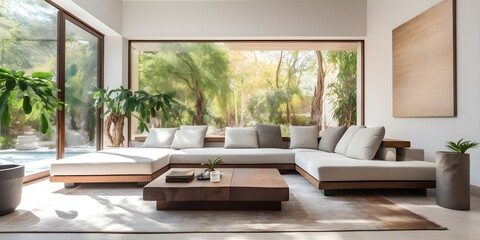 Fototapeta premium Modern living room with abundant natural light and minimalist design concept. Concept Minimalist Design, Abundant Light, Modern Living Room, Sleek Design, Contemporary Aesthetics