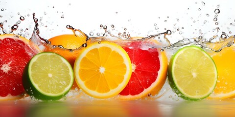 Splashing Water on Citrus Fruits: Lemon, Lime, Grapefruit, and Orange on White Background. Concept Citrus Fruits, Splashing Water, White Background, Vibrant Colors, Refreshing Photoshoot