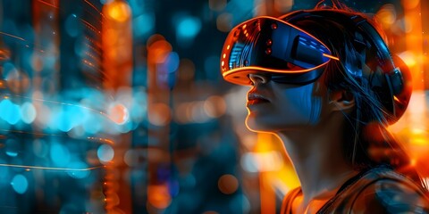 Fototapeta premium Woman in sunglasses immersed in virtual reality experience of futuristic city lights. Concept Virtual Reality, Futuristic City Lights, Woman in Sunglasses, Immersive Experience, Technology Concept