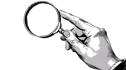 Engraved hand holding magnifying glass