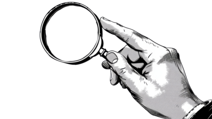 Engraved hand holding magnifying glass