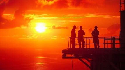 Workers standing on high-rise platform silhouetted against fiery sunset horizon