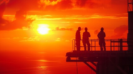Obraz premium Workers standing on high-rise platform silhouetted against fiery sunset horizon