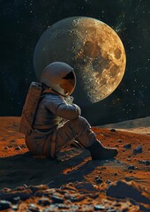 Obraz premium Astronaut sits on ground, gazes at the moon in serene silence