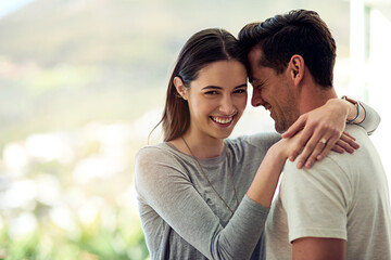 Naklejka premium Woman, portrait and love in home for marriage, date and together for relationship in apartment. Romance, support and partnership on holiday with man, peace and connection or hug in countryside