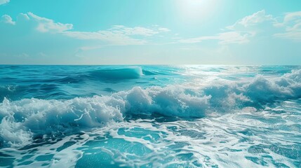Fototapeta premium Vibrant summer landscape featuring vast expanse of turquoise sea and rolling waves against sun-kissed horizon, capturing serene and idyllic atmosphere of a tropical paradise.