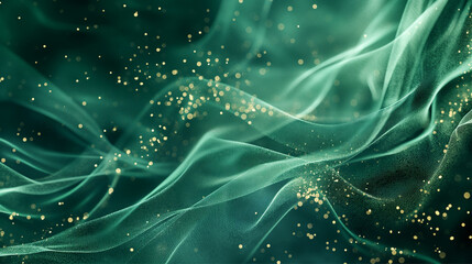 Elegant waves of a translucent green fabric-like texture with golden particles sprinkled throughout