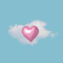 Pink heart balloon with white cloud on blue sky. Minimal love concept.