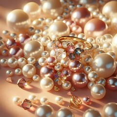 Pearlescent Dreams: A Luxurious Arrangement of Pearls and Jewelry,  in various sizes, beautifully arranged on a soft blush background. 