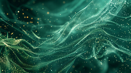 An image of a flowing fabric texture with sparkling lights, conveying luxury and fluid motion in a green tone