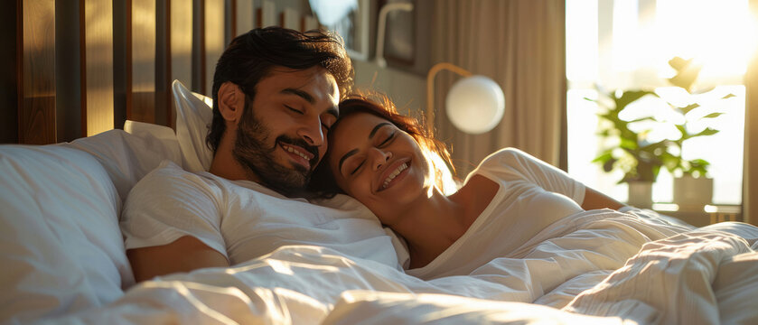 young indian couple relaxing on bed at home