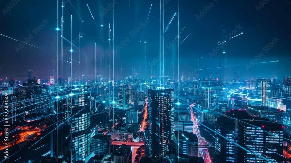 Wall mural feature a futuristic cityscape with interconnected smart devices and sensors, illustrating the effic - Wall murals