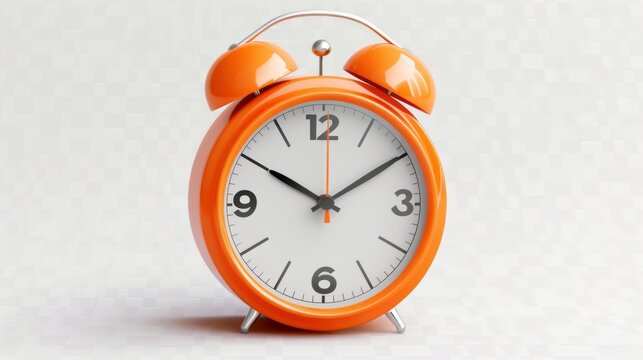 retro-style orange alarm clock with a round face and two bells on top, isolated on a transparent background, evoking a nostalgic vintage feel.