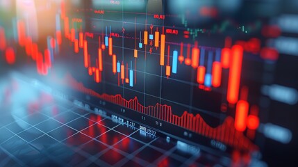 An illustration of a forex chart is drawn over a table background with a computer. Financial research and analysis is presented in this top view.