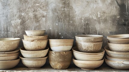 A rustic still life featuring a neatly stacked arrangement of earthy beige ceramic bowls with varying sizes and subtle worn textures.