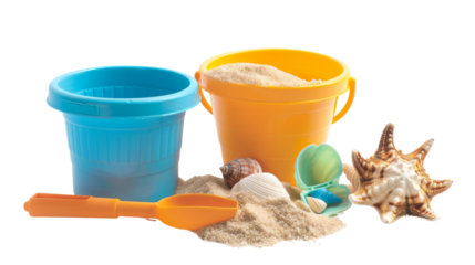 Toy Bucket and Shovel with Sand and Seashells 