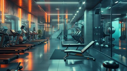 A highly detailed image of a modern gym interior with high-tech equipment