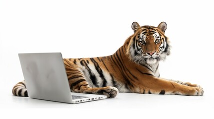 Tiger using laptop on white background in studio.