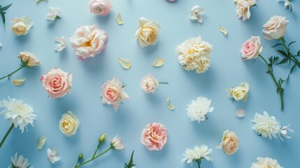 Delicate pastel flowers scattered across soft blue background, evoking serene femininity, tenderly swaying petals echoing gentle beauty and quiet elegance.