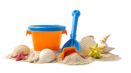 Toy Bucket and Shovel with Sand and Seashells 