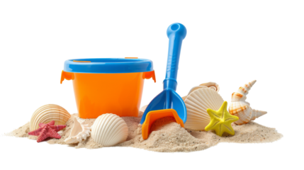 Toy Bucket and Shovel with Sand and Seashells 