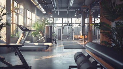 A highly detailed image of a modern fitness center with advanced exercise equipment and stylish design