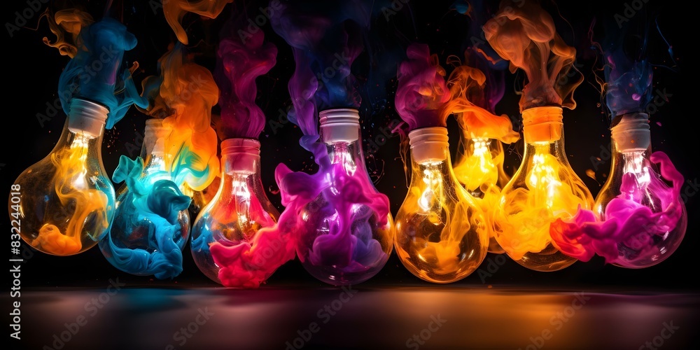 Poster sparking creativity: colorful paint splatters from exploding light bulb on black background. concept