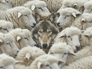 Obraz premium A conceptual image of a wolf disguised among a flock of sheep, symbolizing deception and disguise