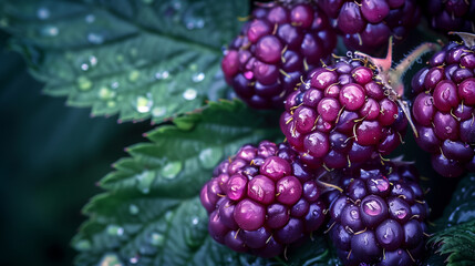 Close-up of fresh dew-covered blackberries on leafy plant