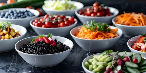 Display of assorted fruits and vegetables in bowls. Concept Fruit Arrangements, Vegetable Displays, Harvest Bounty, Healthy Eating, Fresh Produce