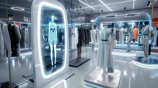 A futuristic fashion store with an interactive mirror for virtual try-ons, displaying different outfits on a screen as customers select styles via a touch interface. - Powered by Adobe