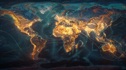 A sprawling visual representation of global commerce, depicting a complex network of shipping lanes, cargo vessels, and interconnected trade routes on a styled world map.