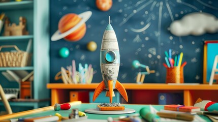 Colorful, futuristic, and intricately detailed model of a multiplanetary space rocket sits atop a primary school desk, surrounded by various stem-related tools and materials.