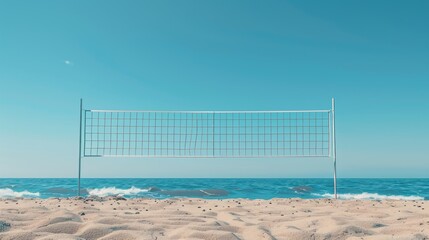vibrant blue sky above, serene ocean waves in the background, a beach volleyball net stands alone, surrounded by pristine sandy shores, awaiting a summer game.