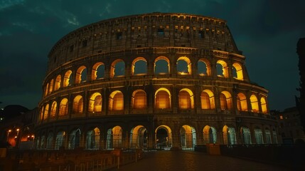 Naklejka premium dramatic night view of the ancient colosseum illuminated in soft golden light, with majestic arches and ancient architecture, in the heart of rome, italy.