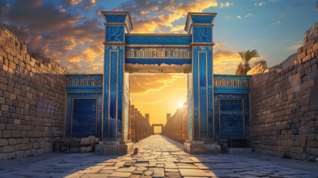 Ancient city of babylon ruins with ishtar gate's vibrant blue-glazed bricks, ziggurats, and crumbling stone walls amidst mesopotamian desert landscape sunset.