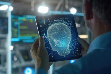 businessman holding tablet with a hologram of a human brain