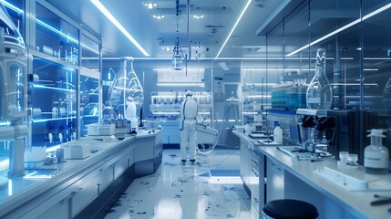 A highly detailed image of a modern medical laboratory with advanced equipment and scientists at work,