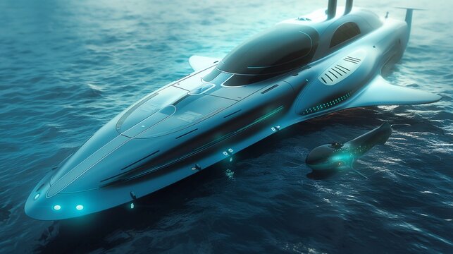 A futuristic submarine with biomimetic design, inspired by marine animals, shown in a concept design for stealth and efficiency in underwater exploration.