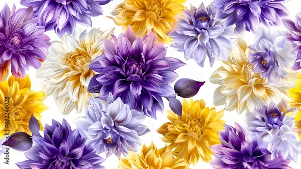 Poster elegant and beautiful design showcasing a vibrant mix of yellow and purple dahlias seamless pattern,