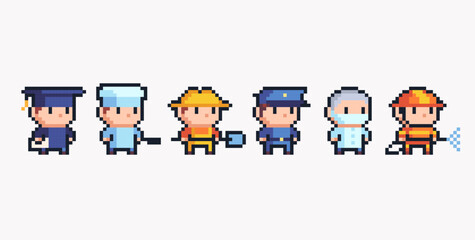 Different professions chibi human figures pixel art set. Adorable kawaii doctor, police, firefighter, farmer and cook collection. Game development, mobile app. Isolated vector illustration.