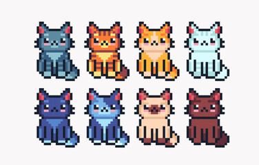 Different colors cats pixel art icon set. Kitty breeds logo collection. 8-bit sprite. Game development, mobile app. Isolated vector illustration.