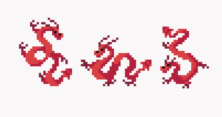 Red Chinese dragon pixel art set. Asian ethnic creature in different poses collection. 8 bit. Game development, mobile app. Isolated vector illustration. 