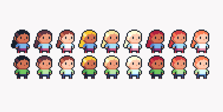Chibi cute human figure pixel art set. Adorable kawaii character, male and female with different skin and hair colors collection. Game development, mobile app. Isolated vector illustration.