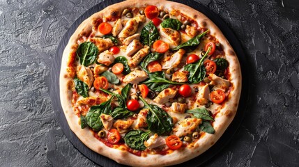 savory classic pizza on a black stone background featuring juicy chicken, fresh tomatoes, and crisp spinach, perfectly arranged for a mouthwatering top view.
