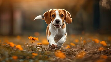 Cute beagle puppy playing and running through a field of orange flowers during a beautiful autumn afternoon.