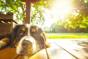 Relaxing dog lying on a wooden deck under the warm sunlight in a serene outdoor setting during summer time, capturing peace and tranquility.