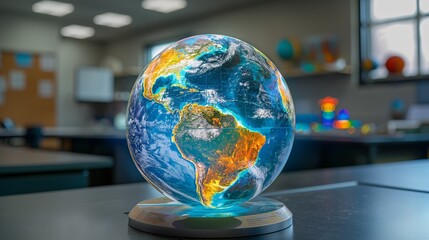 A geography lesson enhanced with an AR globe, showing live climate patterns and geological events, helping students understand global dynamics.